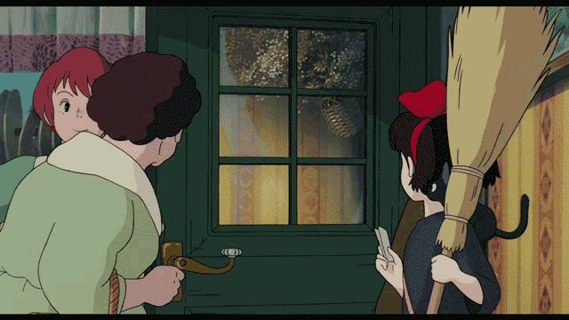 a girl with a red bow on her head is holding a broom in front of a green door