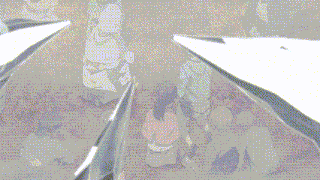 a group of people are standing in a circle with a sword coming out of the ground