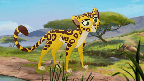 a cartoon cheetah is standing in a grassy field with trees in the background and the word disney on the bottom right