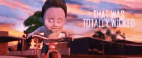 a cartoon character is riding a bike with the words `` that was totally wicked '' written on it .