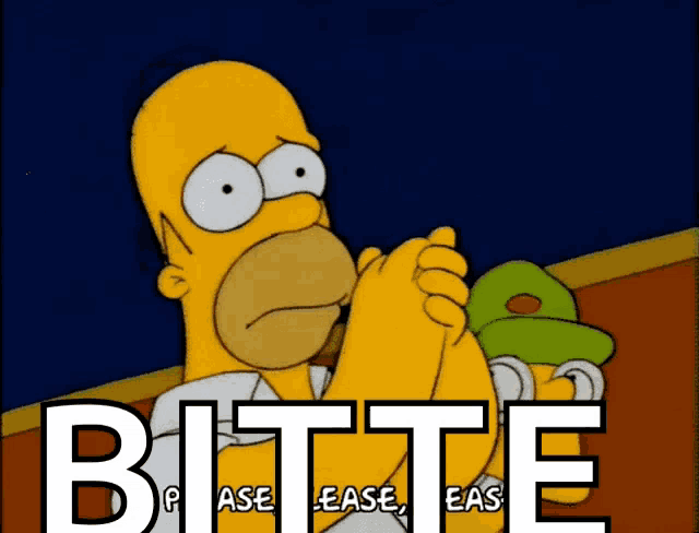 a cartoon of homer simpson with the words bitte written in white