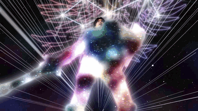 a man is surrounded by a glowing galaxy in a space scene