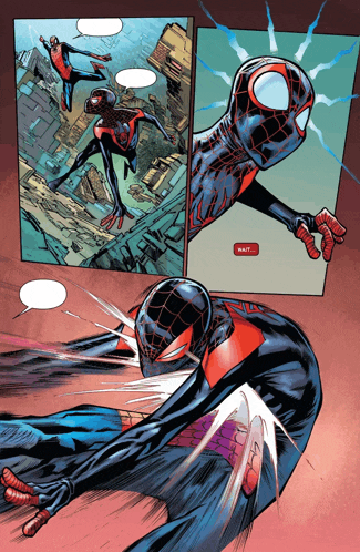 a page from a comic book shows spider-man flying through the air and says wait