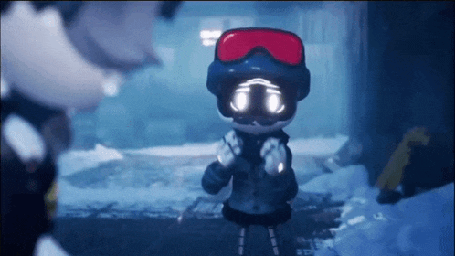 a cartoon character wearing goggles is standing in the snow