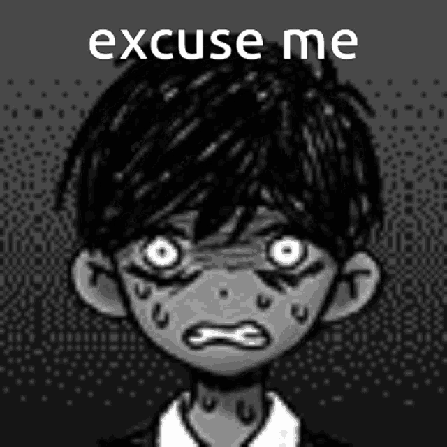 a black and white drawing of a boy with a sad face and the words `` excuse me '' .