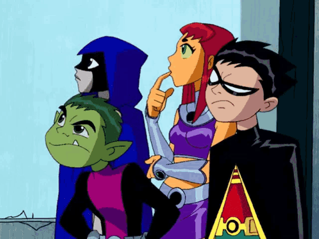 a group of cartoon characters including raven starfire and robin are standing next to each other
