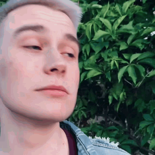 a young man in a denim jacket is standing in front of a tree and looking at the camera .