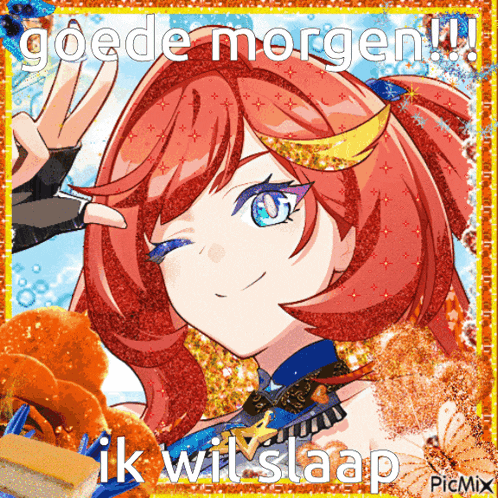 a picture of a girl with the words " goede morgen " written on it