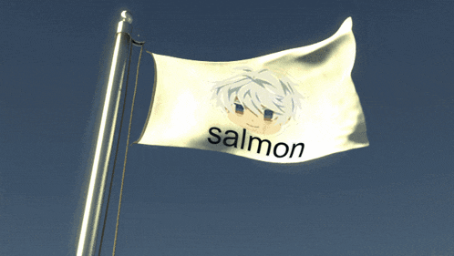 a white flag with a picture of a person and the word salmon on it