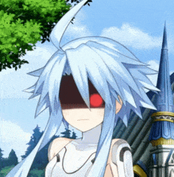 a girl with long white hair and red eyes is standing in front of a castle