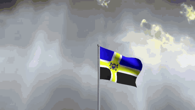 a blue white and yellow flag with a shield on it