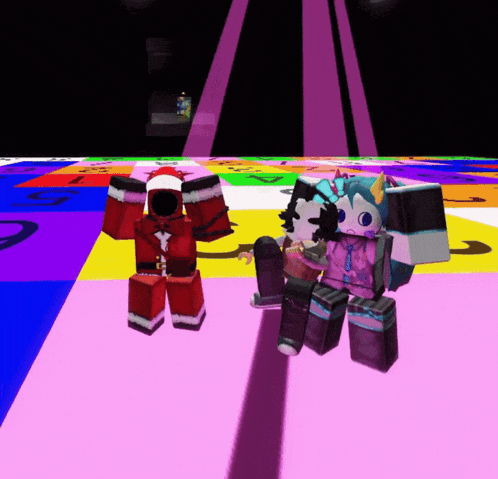 a couple of cartoon characters standing on a pink floor