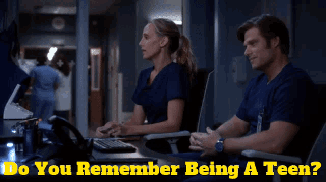 a man and a woman are sitting at a desk with the words do you remember being a teen