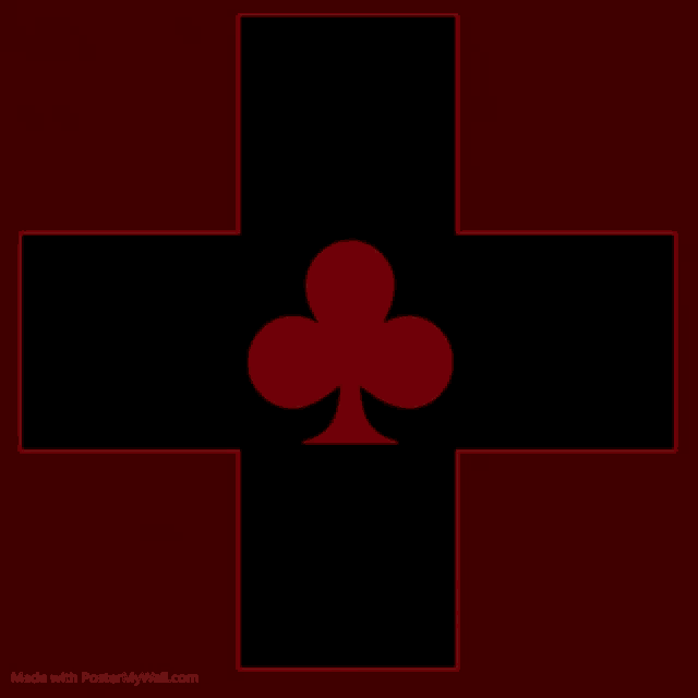 a black cross with a red playing card in the middle is made with postermywall.com