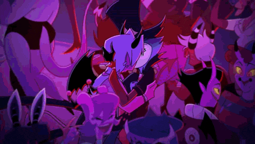 a group of cartoon characters are standing in a dark room and one of them is kissing another .