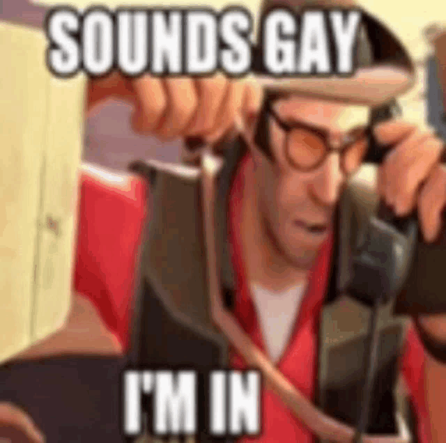 a man wearing glasses and a hat is talking into a microphone and saying `` sounds gay i 'm in ''
