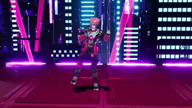 a video game character is dancing in front of a neon city skyline .