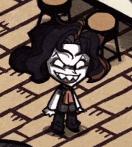 a cartoon character with long black hair is standing on a brick floor