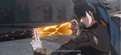 a video game character is laughing and thinking about the future while holding a sword
