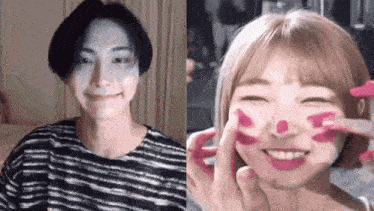 a man and a woman are making funny faces with their hands .