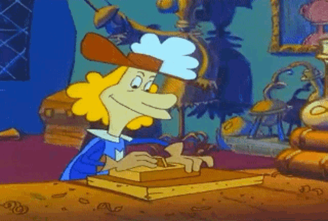 a cartoon character is smiling while working on a piece of wood ..