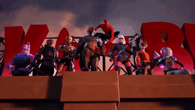 a group of video game characters are standing in front of a large red letter r.