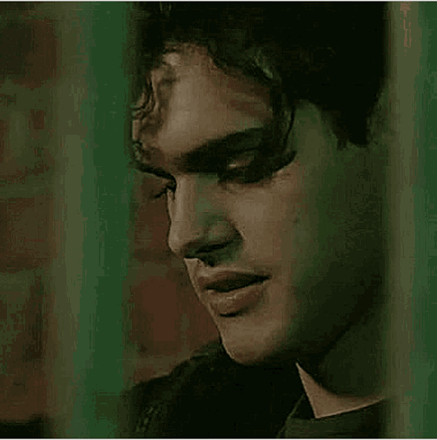 a close up of a man 's face with a green background behind a fence .