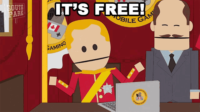 a cartoon of a man sitting at a desk with a laptop and the words " it 's free " above him