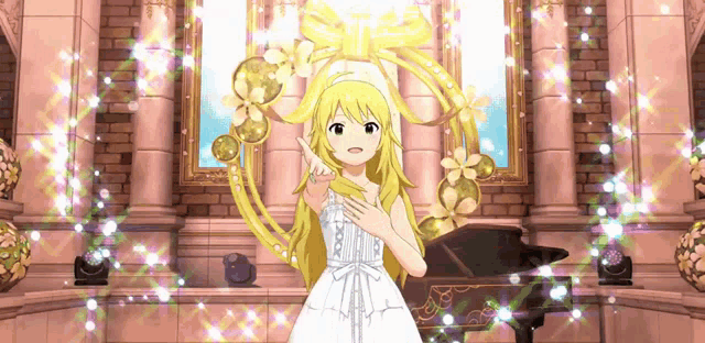 a girl in a white dress is standing in front of a piano in a room
