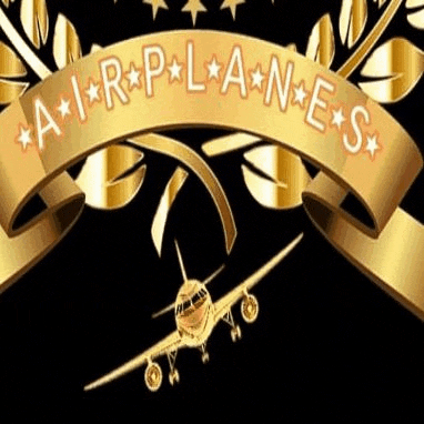 a gold airplane is flying under a gold ribbon with the words airplanes written on it .