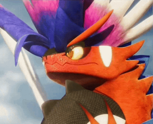 a close up of a dragon 's face with a colorful feathered hat on