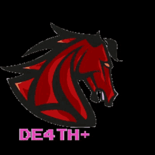 a red and black horse head with the word death above it