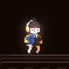 a pixel art of a person wearing headphones and a backpack standing on a train track .