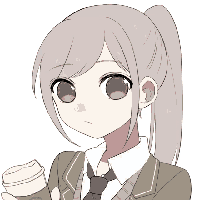 a drawing of a girl in a suit and tie holding a cup of coffee