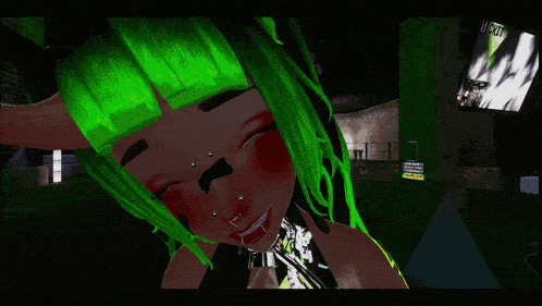 a girl with green hair is smiling in front of a sign that says ' riot '