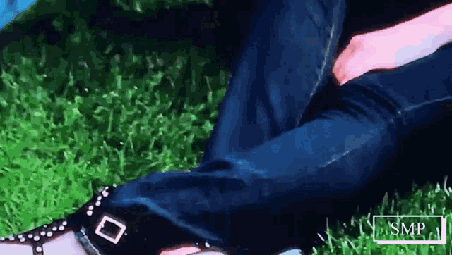 a person is laying in the grass with a smp logo in the corner