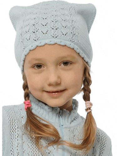 a little girl wearing a light blue hat with ears on it