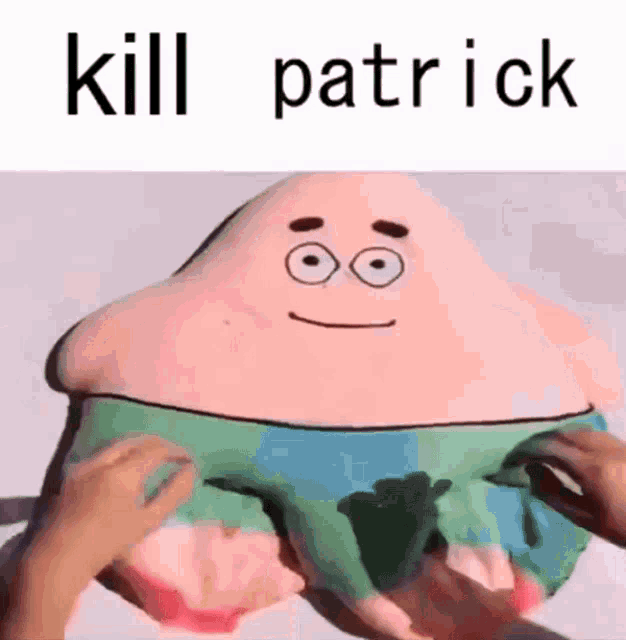a person is holding a stuffed patrick star with their hands