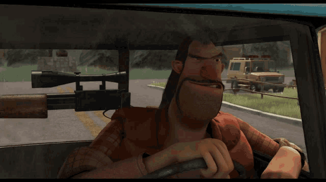 a man with a beard is driving a car with a sniper rifle on the back