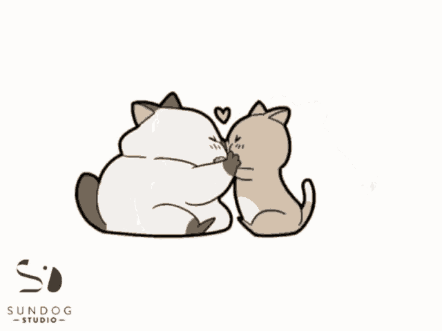 a cartoon of a cat and a dog kissing with the sundog studio logo in the bottom right corner