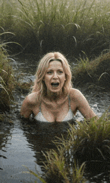a woman in a bikini is swimming in a swamp