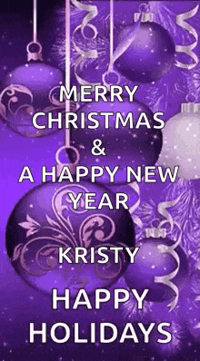 a merry christmas and a happy new year greeting card with purple christmas balls