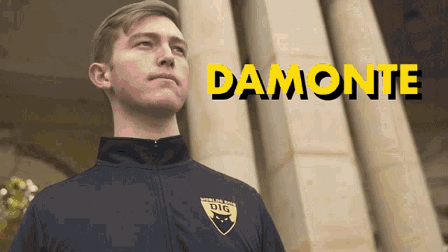 a man in a black jacket with the name damonte on the top