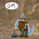 a cartoon of a man with a beard holding an axe and a mop with a gm speech bubble