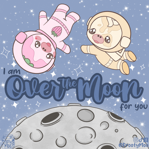 a drawing of two pugs flying over the moon with the words i am over the moon for you
