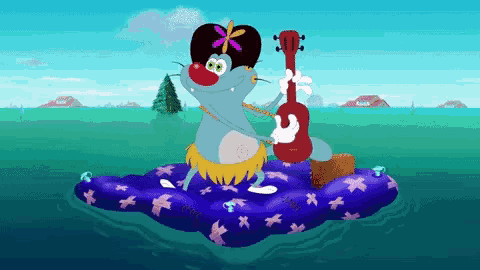 a cartoon character is playing an ukulele on a float in the water