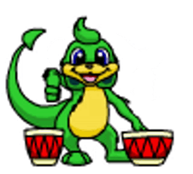 a cartoon lizard is standing next to two drums and smiling .