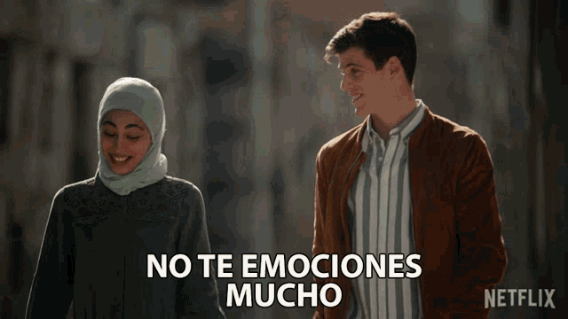 a man and a woman holding hands with the words " no te emociones mucho " on the bottom
