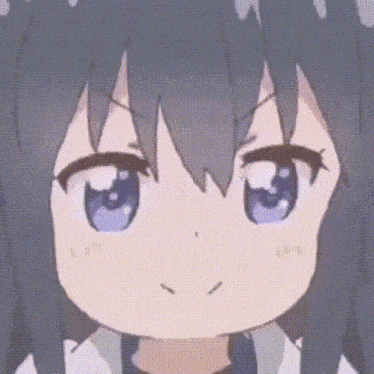 a close up of a cartoon girl 's face with a gray hair and blue eyes .