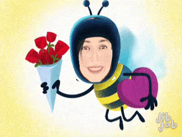 a woman in a bee costume is holding a bouquet of flowers